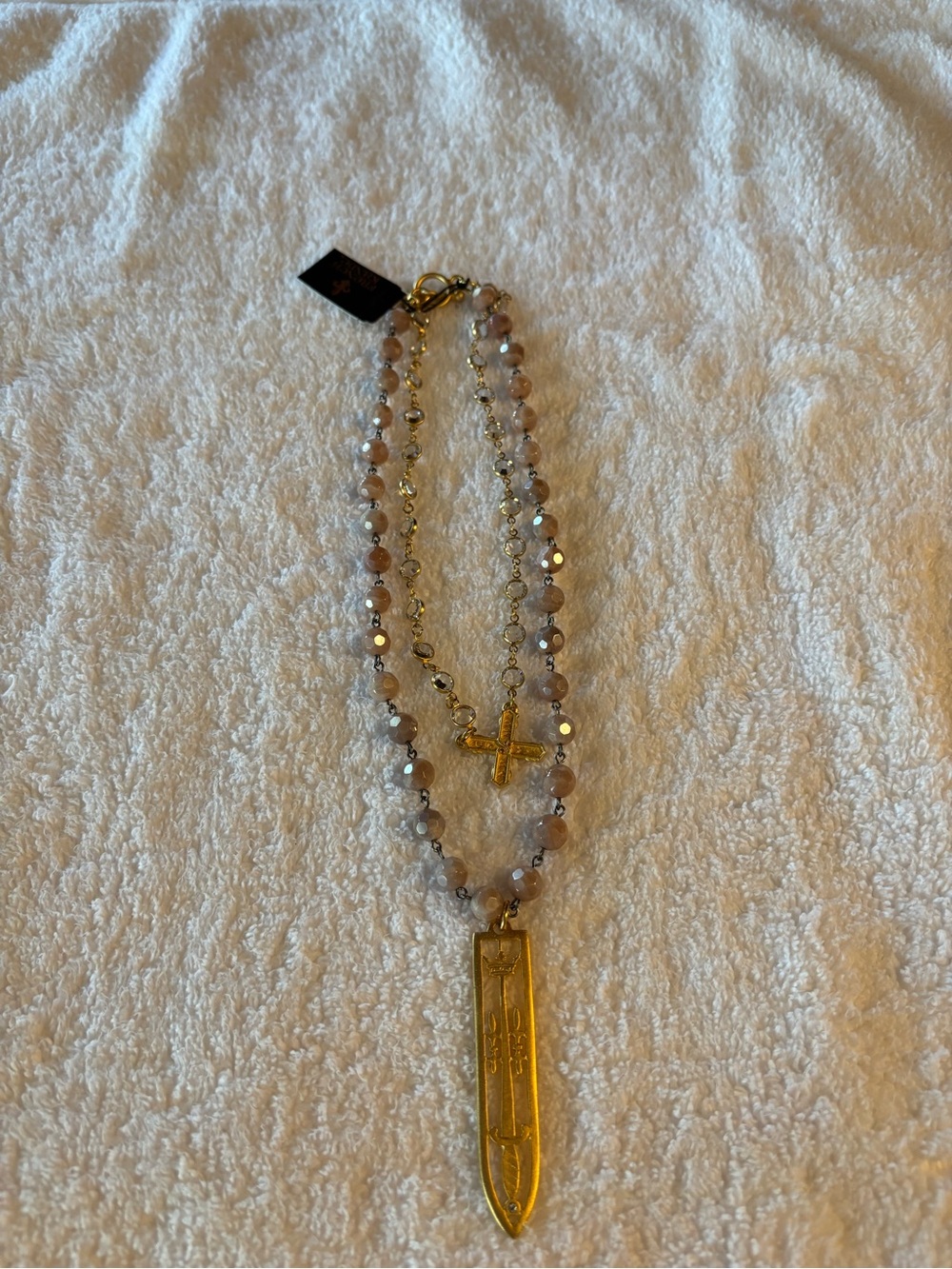 French Kande Layered Crystal Bead Cross Pendant Necklace 11.5”